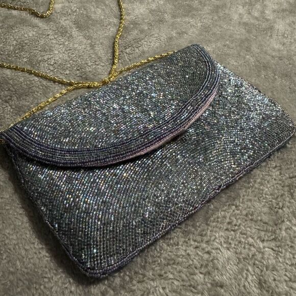 Elegant Blue Purple Beaded Evening Bag Clutch - Picture 3 of 10